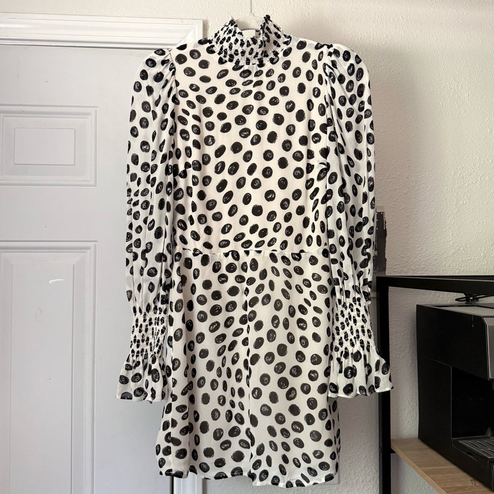 NWOT Reformation black and white dot animal viscose puff long bell sleeve mini